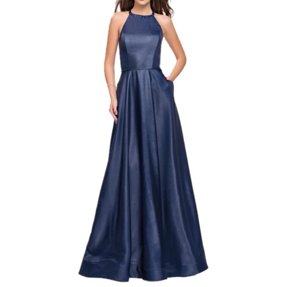 La Femme Metallic A-Line Halter Beaded Prom Gown in Navy